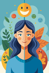 Overcoming anxiety and stress through relaxation and mindfulness, transforming from sadness to happiness, as depicted by a woman walking the line from a depressed to a joyful face.