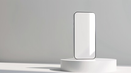 A white smartphone with a blank screen on a bright pedestal, used for presentations and mockups. 3D illustration.
