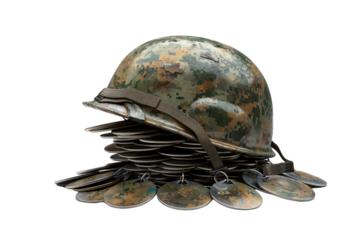 A military helmet sits atop a stack of dog tags, symbolizing service and sacrifice.