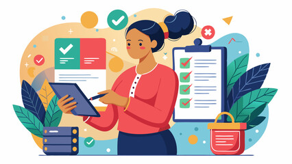 Self-assessment for personal growth and professional improvement: Woman checking achievements on a notepad, evaluating progress towards goals and development.