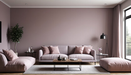 Adorned in British Grey Mauve, a minimalist living room with a plain wall backdrop creates a calm and elegant environment for guests to relax and enjoy their stay, Generative AI