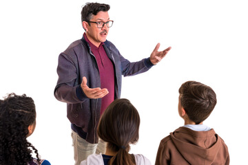 A teacher passionately explaining a concept to a group of attentive students.  The teacher is standing, while the students are seated, creating a dynamic classroom scene.