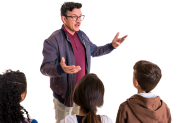 A teacher passionately explaining a concept to a group of attentive students.  The teacher is standing, while the students are seated, creating a dynamic classroom scene.