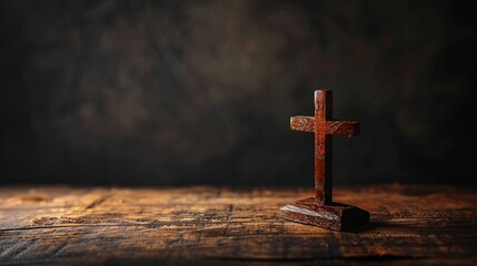 A crucifix on a wooden surface with a dark backdrop, perfect for adding text. Symbolic of the Christian faith.