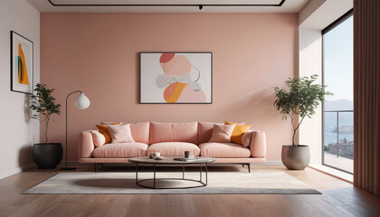 A minimalist living room with a plain wall backdrop, adorned in the subtle and soft hue of Ace, offers a calm and stylish environment for guests to unwind and enjoy their stay, Generative AI