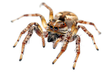 Close-up of a colorful jumping spider with large eyes, hairy legs, and a prominent abdomen.