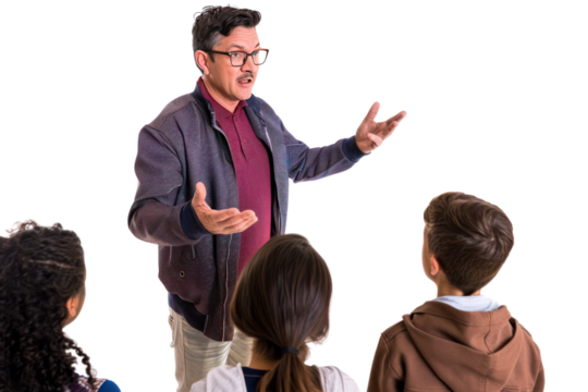A teacher passionately explaining a concept to a group of attentive students.  The teacher is standing, while the students are seated, creating a dynamic classroom scene.