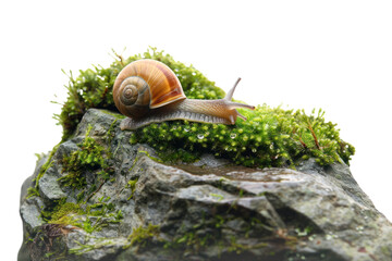 A snail crawls on a mossy rock, its shell glistening in the light.  The wet surface adds a sense of tranquility.