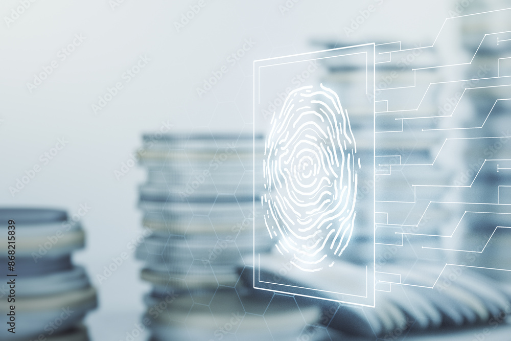Aufkleber multi exposure of virtual creative fingerprint hologram on growing stacks of coins background, perso