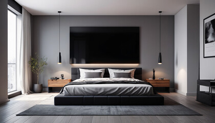 Featuring a plain wall backdrop in the deep and striking shade of Obsidian, this minimalist large room offers a bold yet calming environment, Generative AI