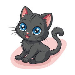 Cute black cat with beautiful blue eyes. International cat day. Cartoon character in flat style. Vector illustration