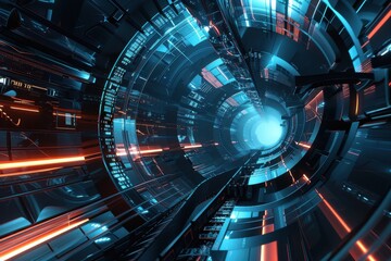 Fototapeta premium Futuristic Technology Tunnel. Abstract background with glowing neon lights and intricate geometric patterns. Perfect for cyberpunk, gaming, or sci-fi projects.