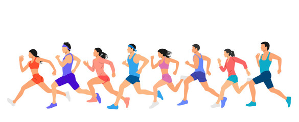Group of men and women running, athletes, different colors, cartoon characters, people silhouettes, flat icon design concept, hand drawn vector illustration isolated on white background