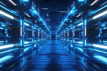 Fototapeta premium Futuristic Sci-Fi Corridor with Blue Neon Lights. A 3D Render