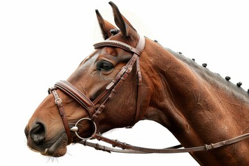 Obraz premium A beautiful chestnut horse with a white blaze and four white socks. The horse is wearing a brown bridle and is looking at the camera, white background