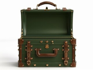 Green vintage suitcase isolated on white background. Retro styled.