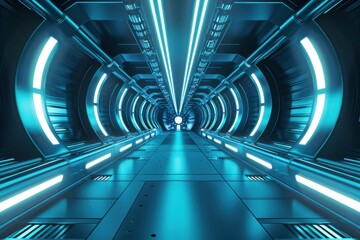 Naklejka premium Futuristic Sci-Fi Metallic Tunnel Corridor with Blue Lights