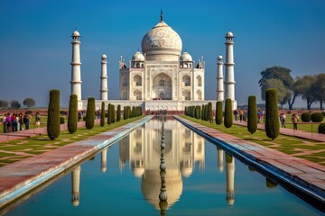 Fototapeta premium The Taj Mahal, adorned with enchanted gardens that bloom in all seasons.