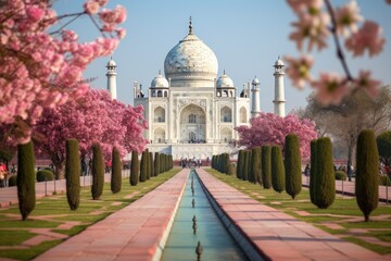 Obraz premium The Taj Mahal, adorned with enchanted gardens that bloom in all seasons.
