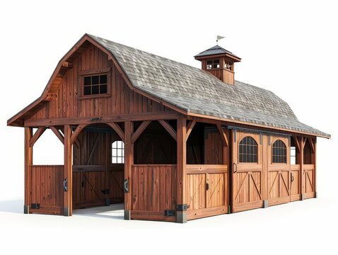 The image shows a large, wooden barn with a gambrel roof and a cupola. It has two large doors and two windows on the front, white background