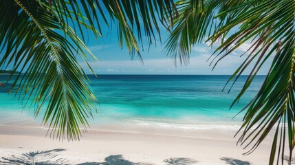 A tropical beach with turquoise waters, white sandy shores, and palm trees swaying in the breeze.