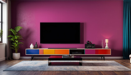 An elegant entertainment room featuring a single modern entertainment unit, vibrant colors, and an empty backdrop, offering a luxurious space for relaxation and enjoyment, Generative AI