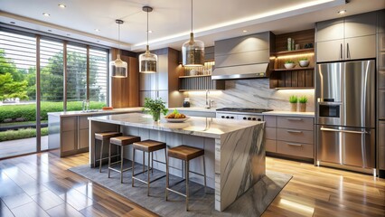 Sleek and stylish modern kitchen interior with stainless steel appliances and marble countertops, modern, kitchen