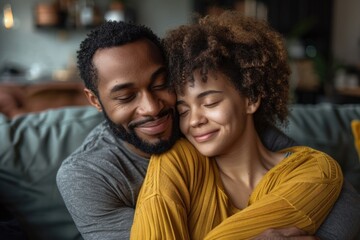Fototapeta premium Happy couple embracing each other on comfortable sofa at home