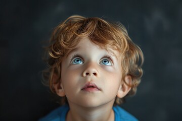 Little boy with blue eyes and blond hair looking up with wonder