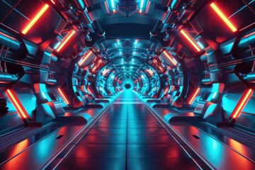 Futuristic Sci-Fi Corridor with Neon Lights and Reflections. A 3D Illustration
