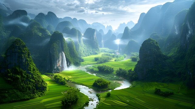 Dramatic Mountainous Landscape with Cascading Waterfalls and Lush Greenery in Vietnam's Ninh Binh Region