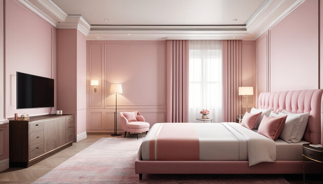 A luxurious hotel suite featuring gentle pastel tones against a plain backdrop, creating an opulent atmosphere for guests to indulge in luxury and relaxation, Generative AI