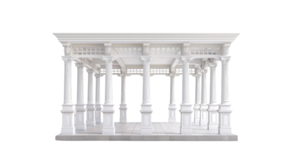 An elegant open-air white canopy gazebo with 4 pillars and open entranceway on transparent background