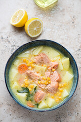 Bowl of salmon chowder on a beige granite background, vertical shot, high angle view