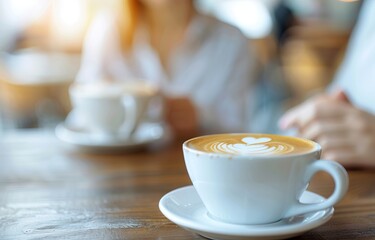Obraz premium Close-up of a beautifully crafted latte in a white cup on a wooden table with blurred figures in the background at a cozy cafe.