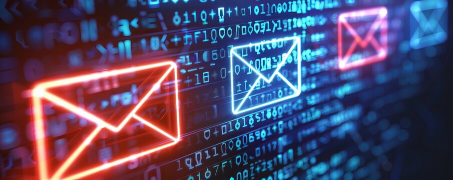 Digital email icon glowing on a binary code background, representing communication, technology, and data transfer in a modern digital world.