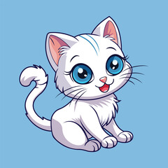 Cute white cat with beautiful blue eyes. International cat day. Cartoon character in flat style. Vector illustration