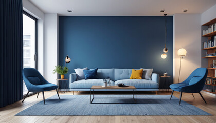 A serene and modern minimalist living room, featuring a plain wall backdrop with contemporary blue tones, invites guests to relax and enjoy their stay, Generative AI