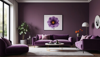 A minimalist living room with a plain wall backdrop, adorned in the rich hue of Auricula Purple, offers a calm and contemporary space for guests to unwind and enjoy their stay, Generative AI