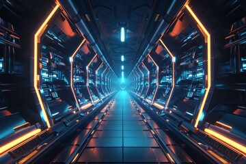 Fototapeta premium Futuristic Spaceship Corridor with Glowing Lights, Sci-Fi Technology