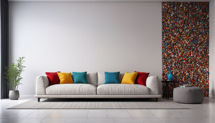 With a plain wall backdrop adorned in Rolling Pebble, the minimalist living room provides a calm and elegant environment for guests to unwind and enjoy their stay, Generative AI