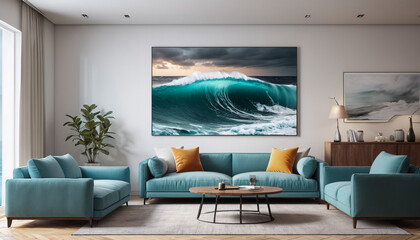 Featuring the soothing hue of Turbulent Sea, a minimalist living room with a plain wall backdrop creates a serene and modern environment for guests to relax and enjoy their stay, Generative AI
