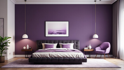 Featuring the rich hue of Patrician Purple, the minimalist relaxing room with a plain wall backdrop provides an elegant and calming environment for relaxation, Generative AI