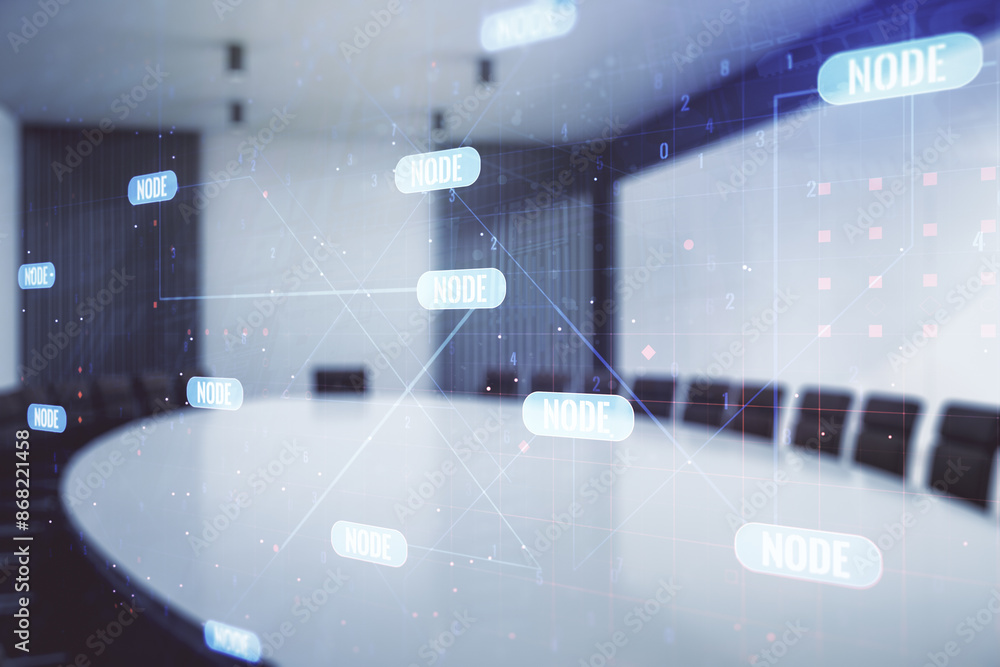 Poster Double exposure of abstract programming language interface on a modern meeting room background, research and development concept