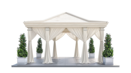 An elegant open-air white canopy gazebo with 4 pillars and open entranceway on transparent background