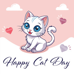 Cute white cat with beautiful blue eyes. International cat day. Cartoon character in flat style. Vector illustration