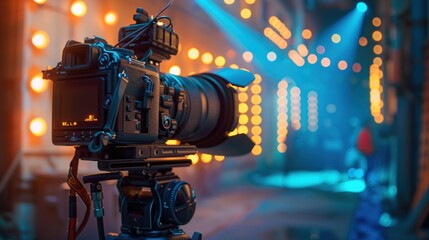 Fototapeta premium Professional Camera Setup in a Studio with Dramatic Lighting for Film or Video Production