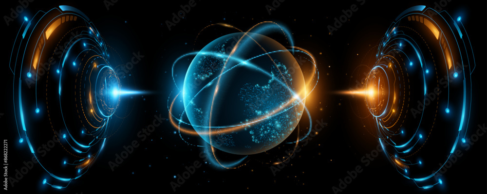 Poster hologram of futuristic planet earth with digital glowing map of dots into cyberspace. hi-tech hud ci
