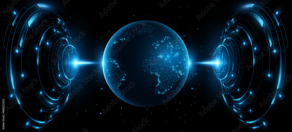 Aufkleber futuristic planet earth hologram with glowing hi-tech hud circles. digital map of dots. sci-fi desig