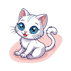 Cute white cat with beautiful blue eyes. International cat day. Cartoon character in flat style. Vector illustration